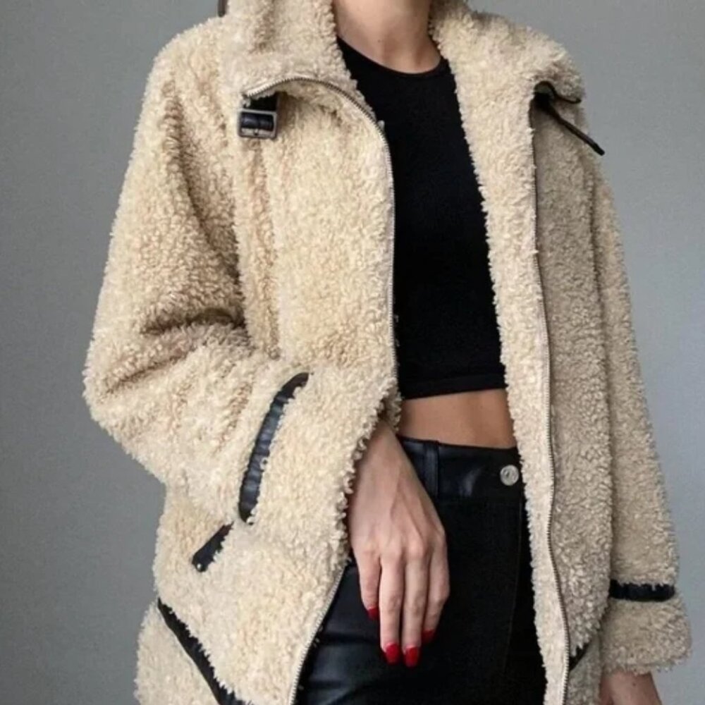 Madden Girl Teddy Jacket Womens Medium Tan Sherpa Faux Leather Trim Buckle Fur